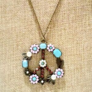 Brass Tone Hippie Boho Beaded Floral Peace Sign Pendant Necklace